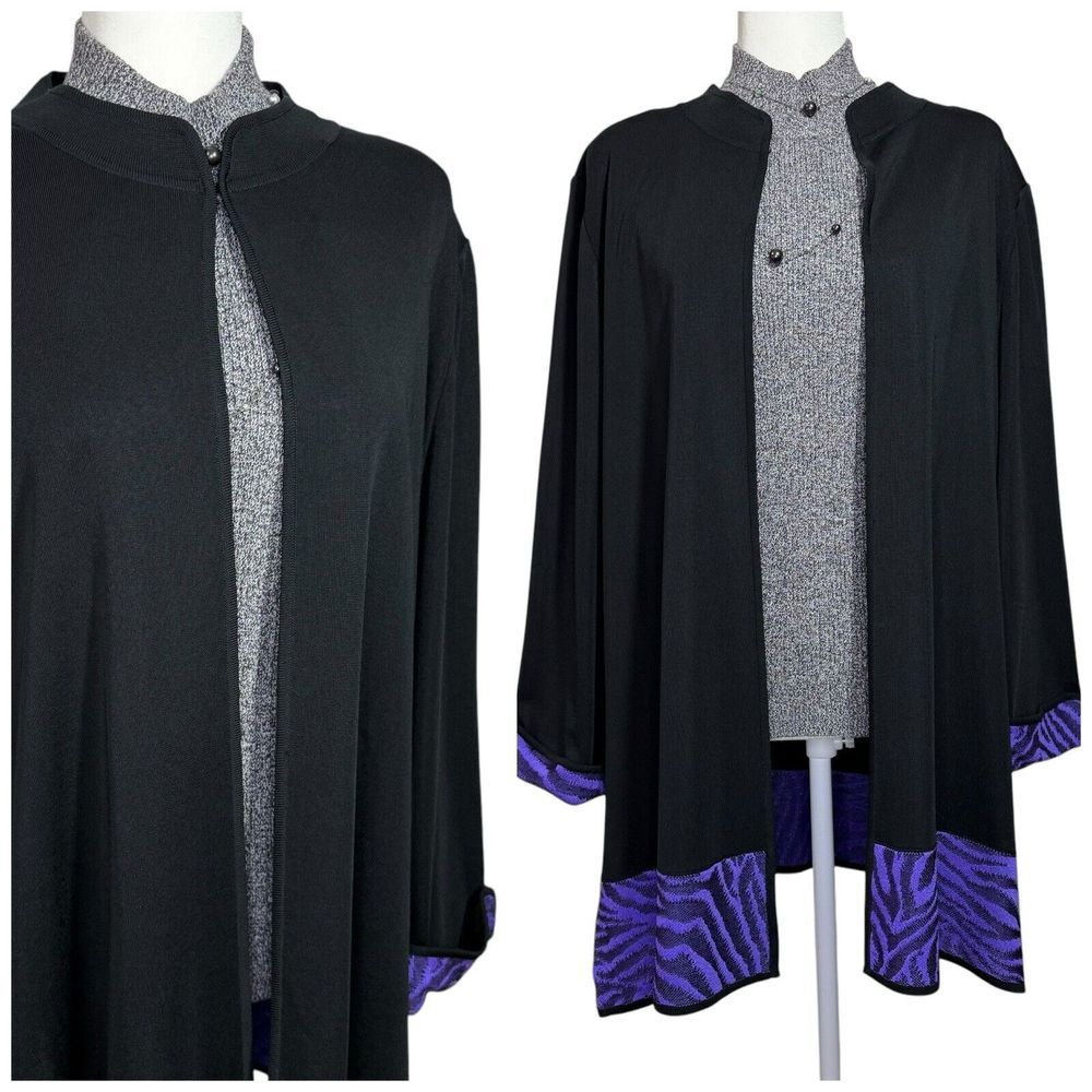 Ming Wang 2X Cardigan Sweater Jacket Career Workwear Black Purple Zebra Artsy‎